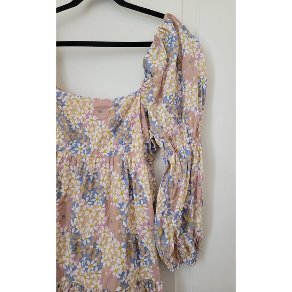 STORIA Floral Puff Sleeve Midi Dress With Back Tie & Tiered Skirt Women's Sz M - Picture 4 of 8